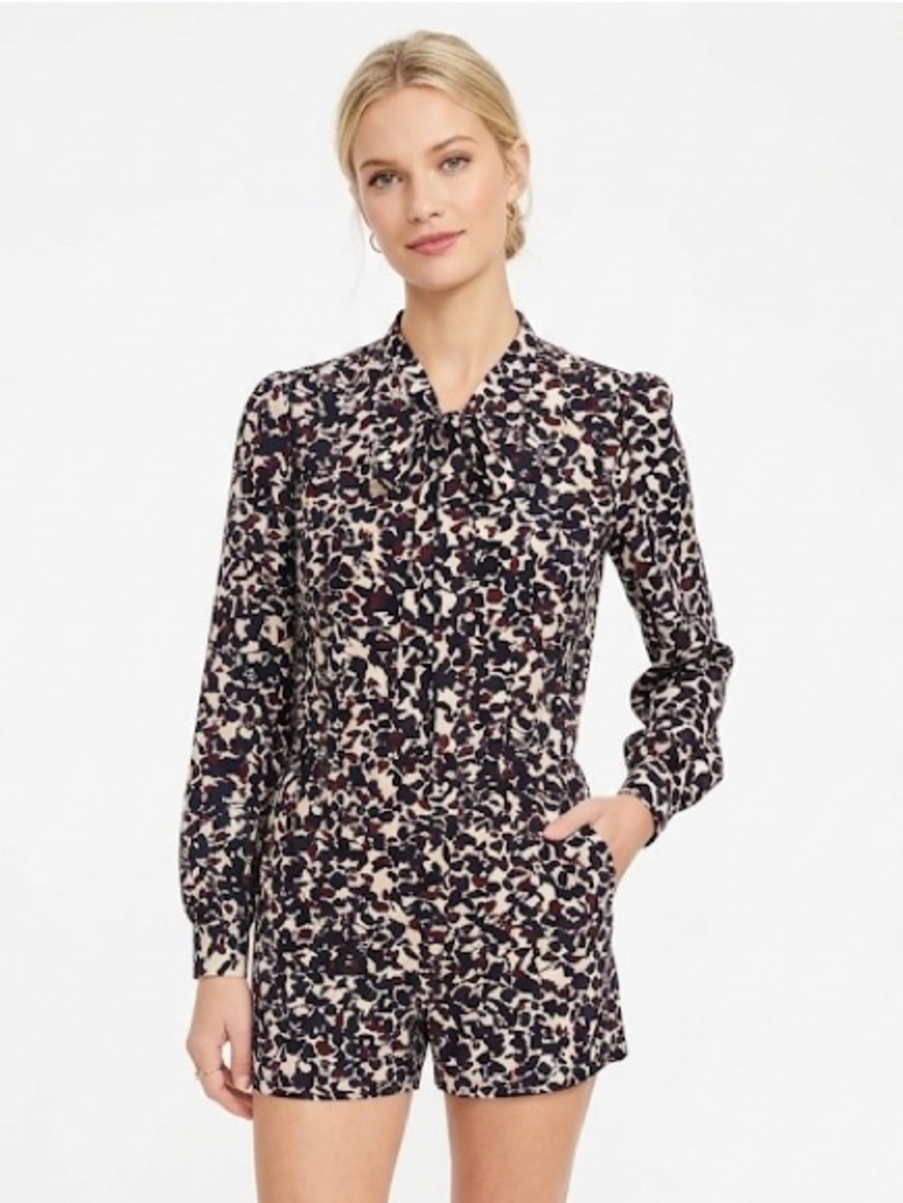 Loft Romper with tie at neck.  Beautiful colors of Burgundy, Navy Blue and beige